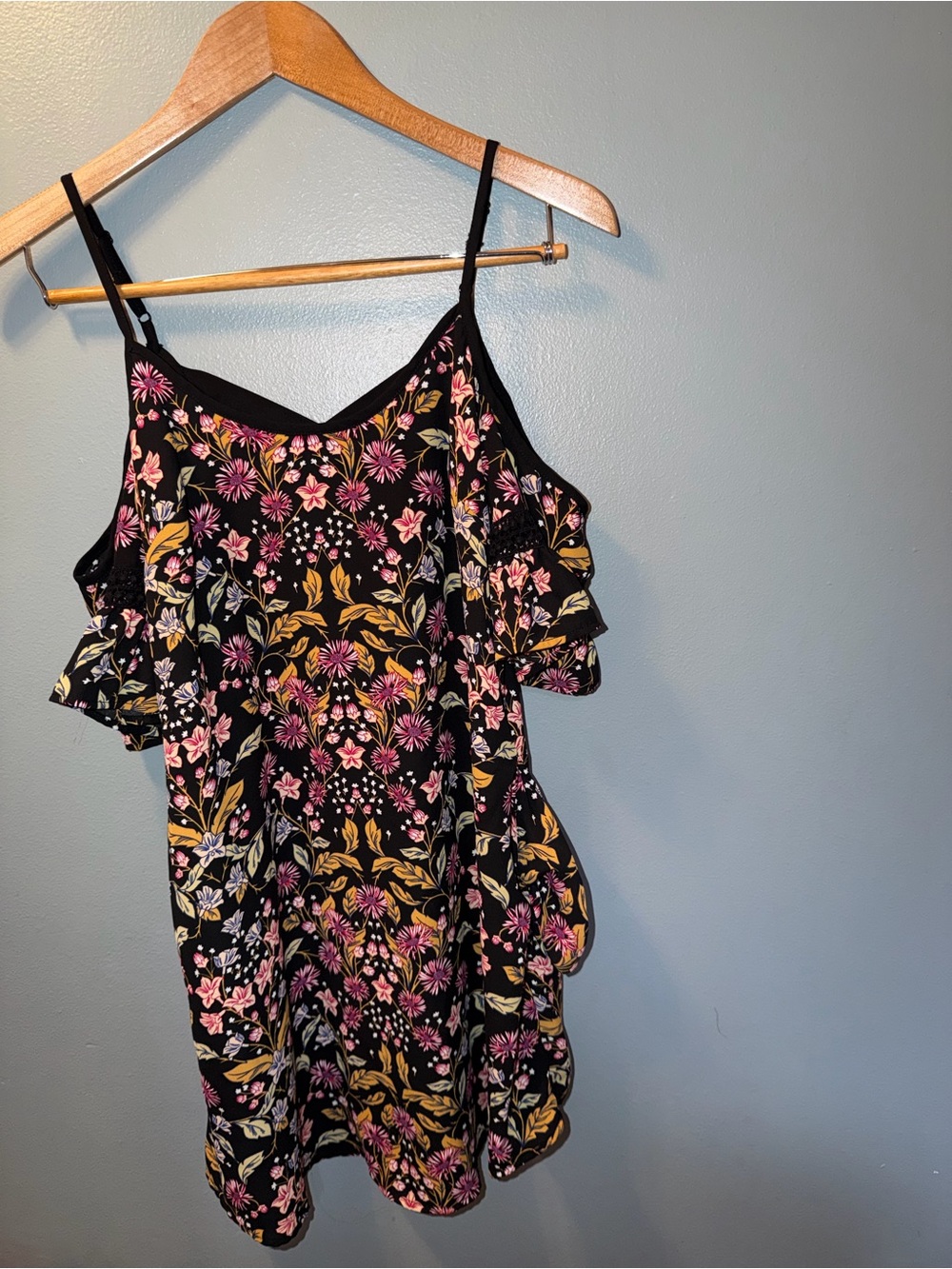 Xhilaration Black Cold-Shoulder Floral Camisole with Pink & Mustard Print